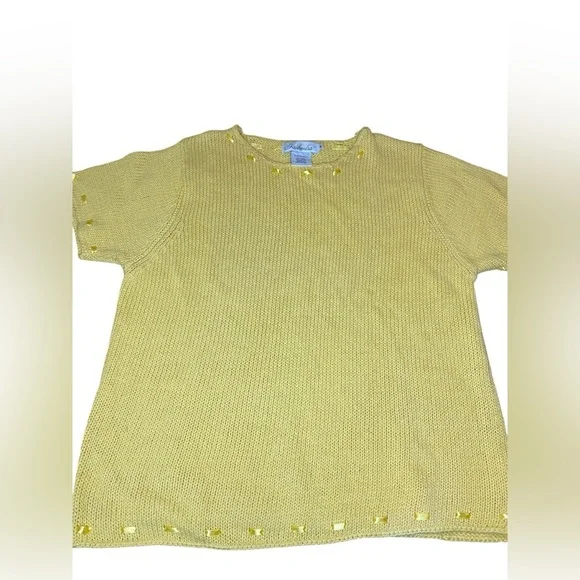 Vintage Short Sleeve Sweater Women’s M Yellow 90s Cottage Ribbon Summer Spring - Picture 2 of 5